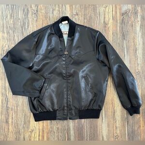 Vtg Walls Black Satin Nylon Bomber Full Zip Jacket Mens XL Zipper Accent Western